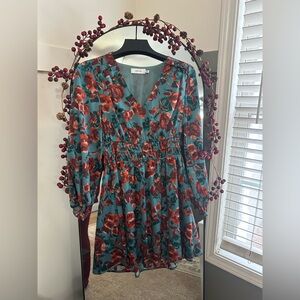 Greylin Teal and Red Floral Long Sleeve Dress